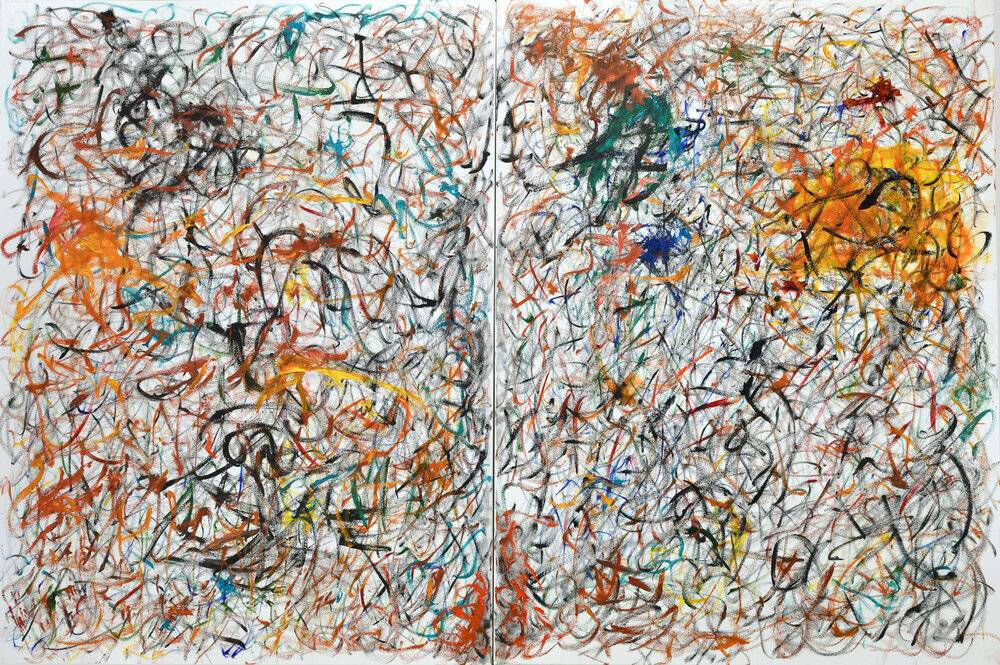 An oil painting of many lines that are overlapping. Some of the lines are straight while others are curved. The main colors in this painting are orange, yellow, green, blue, black, white, and a darker blue.